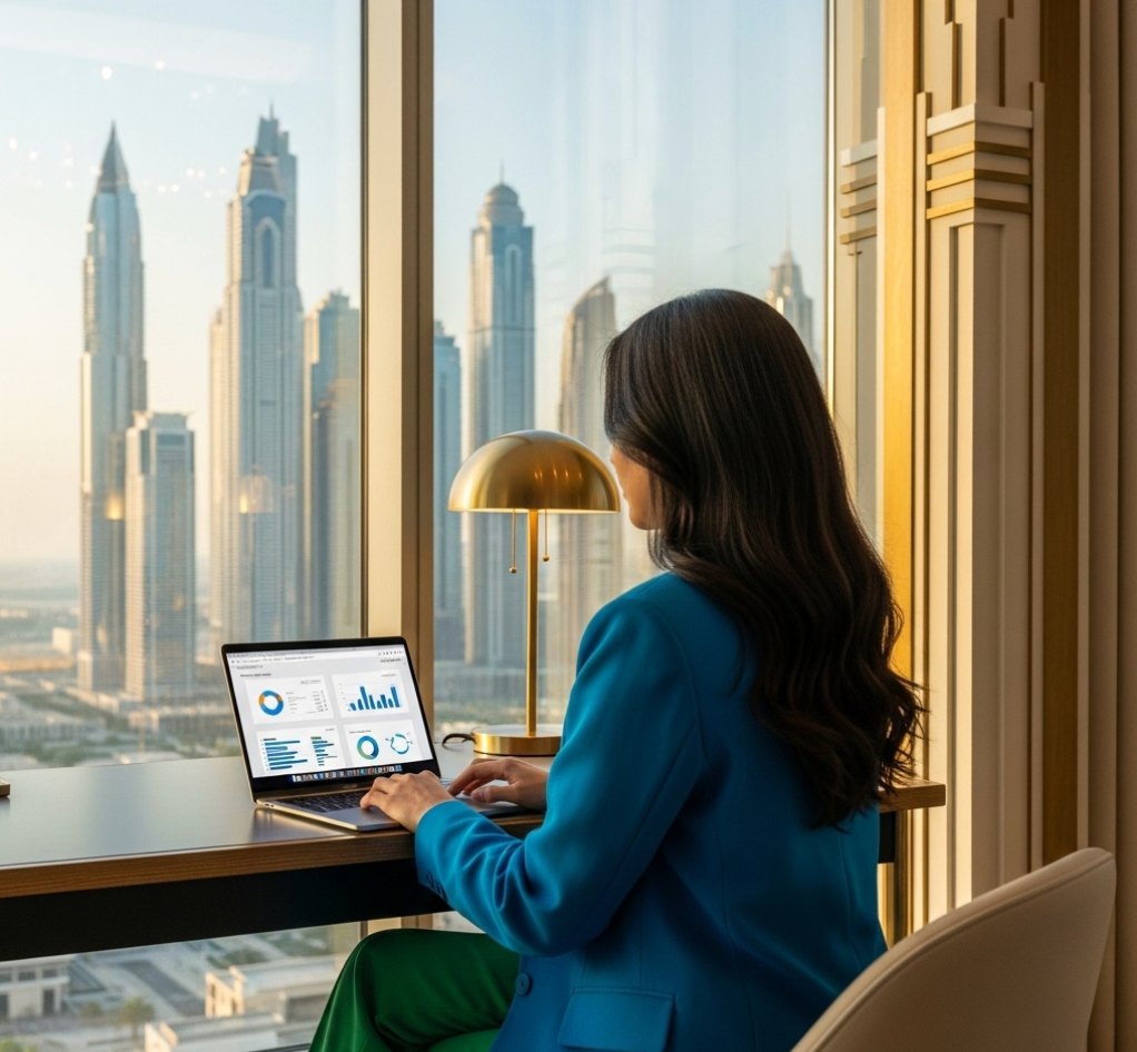 women sitting in front of laptop in duabi for leads real estate
